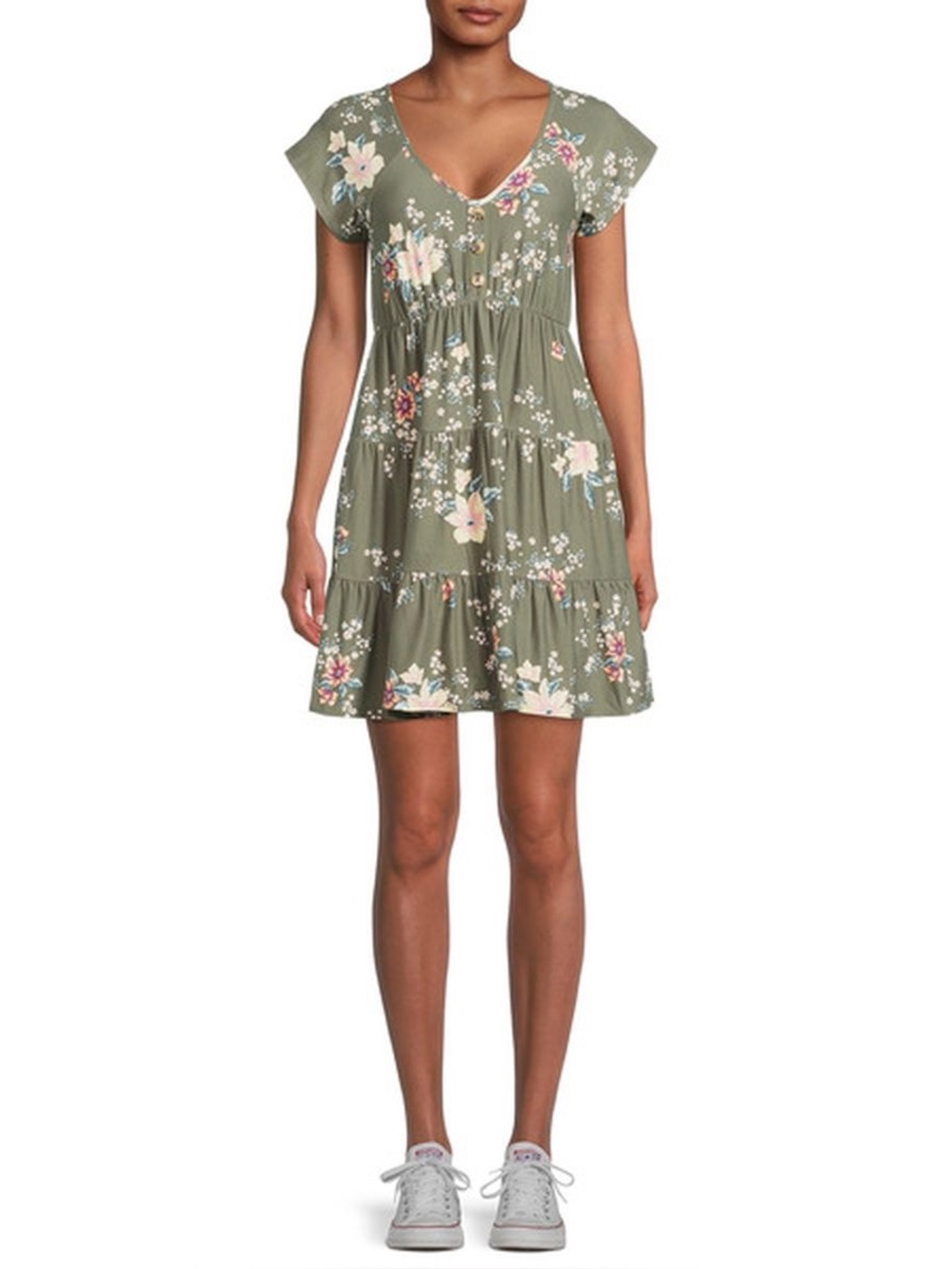 No Boundaries Olive Floral V-Neck Tiered Mini Babydoll Dress
